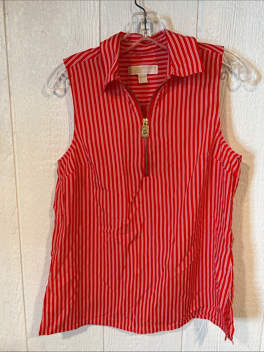 Michael Kors Red and White Striped Sleeveless Zip Polo